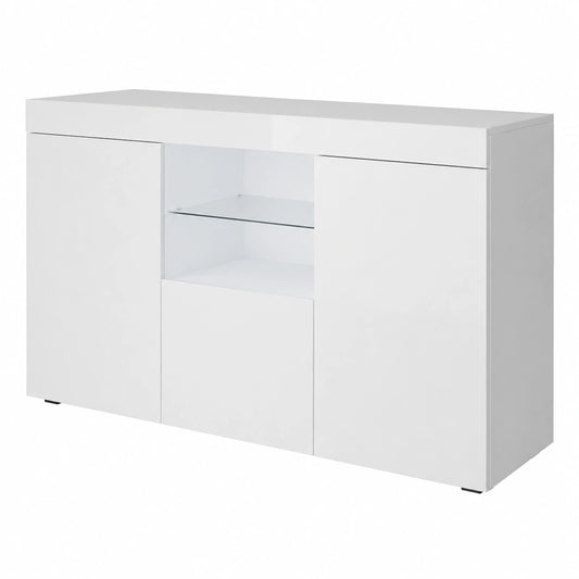 Aparador Moderno Sefora con Luces LED para Salón Comedor, Blanco Brillante de 3 Puertas, 135x72x34 cm