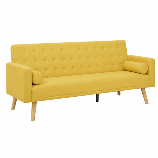 Sofá Cama 3 Plazas Acolchado Convertible con Reclinación Ajustable y Chaise Longue, Mostaza