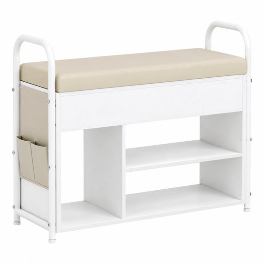 Banco Zapatero de Madera con Almacenamiento y Bolsillos de PU, Ideal para Entrada y Dormitorio, Blanco Nube y Beige