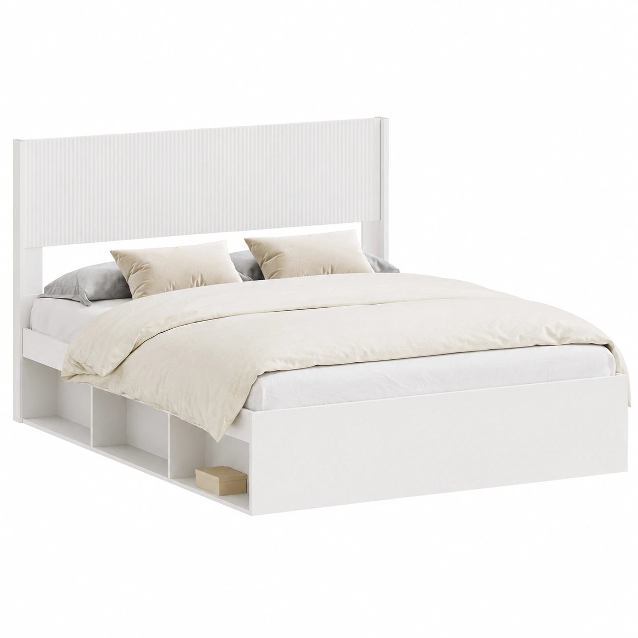 Cabecero moderno de madera blanca con diseño de lamas verticales, 146,5 x 7 x 100 cm
