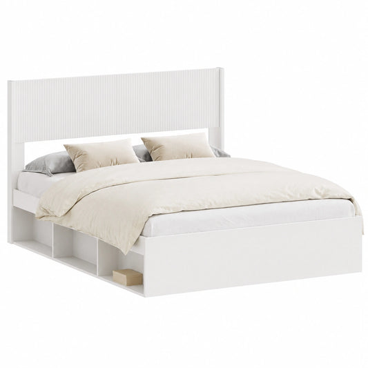 Cabecero moderno de madera blanca con diseño de lamas verticales, 146,5 x 7 x 100 cm